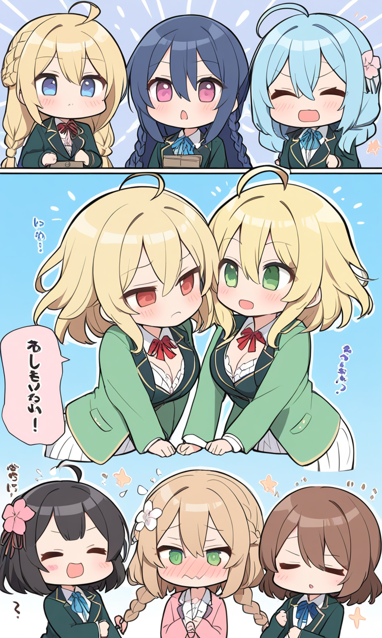 AI Art: 「4girls 4koma」のキャラクター、コヒバリ・クルミ、レナ・リヒテナウアー、ミツカサ・アヤセ、十影・トオカシの4人が、輝く笑顔で楽しい時間を過ごしています。  by @賢い狼様 | PixAI