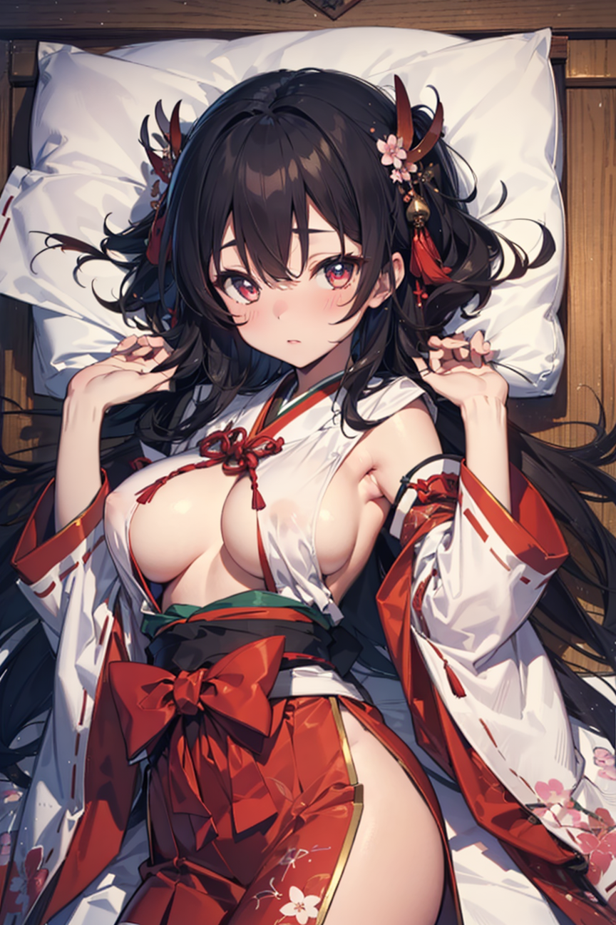 AI Art: shrine maiden outfit like breast curtains / 乳暖簾風の巫女服 by @thi | PixAI