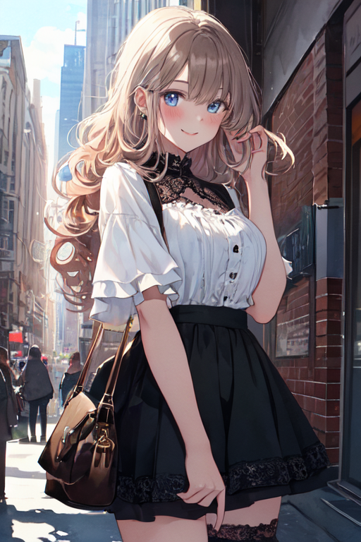 Anime style young woman, long hair, shy, wearing cute blouse and pleated  mini skirt, big brown eyes - AI Generated Artwork - NightCafe Creator