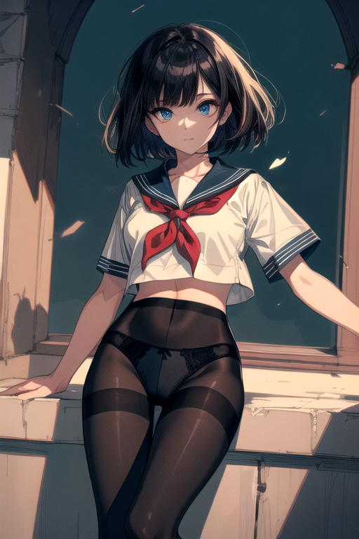 AI Art: ㉛bob cut & Sailor shirt & No skirt & Panties under