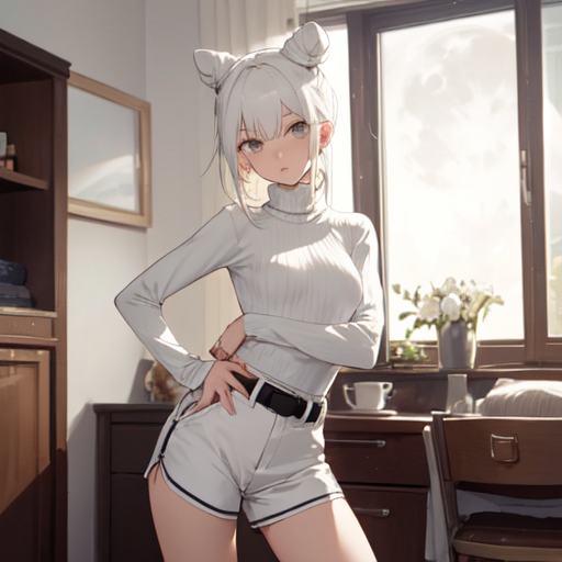 AI Art: white hair, buns, shorts by @kn kn