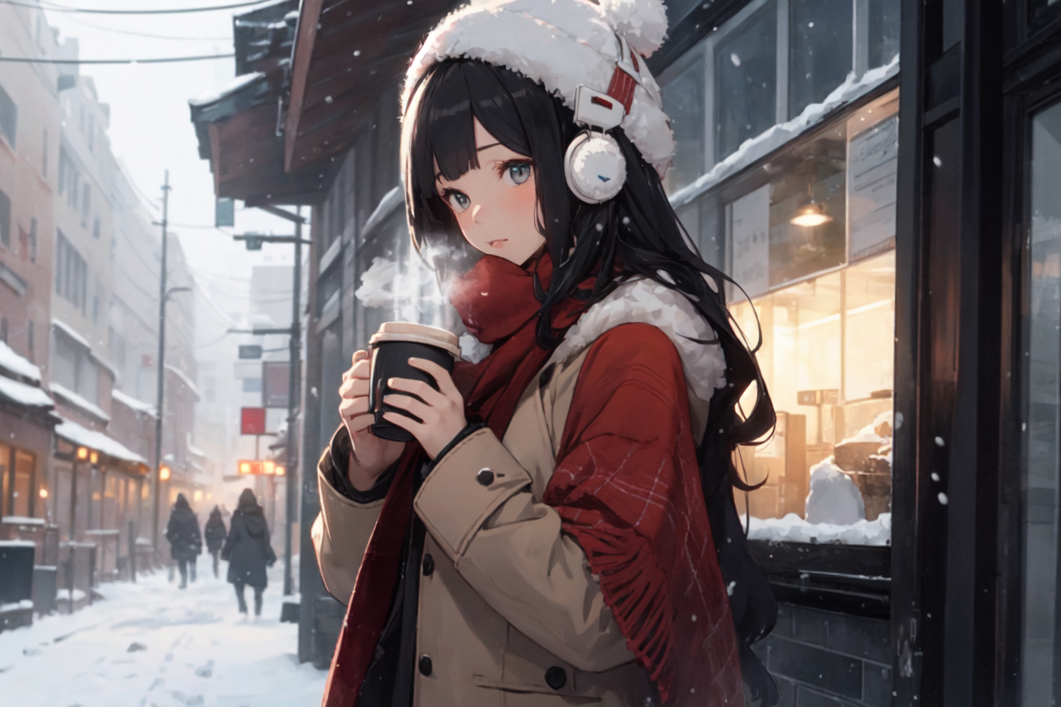 Cute girl in winter holding a cup with winter background and snow