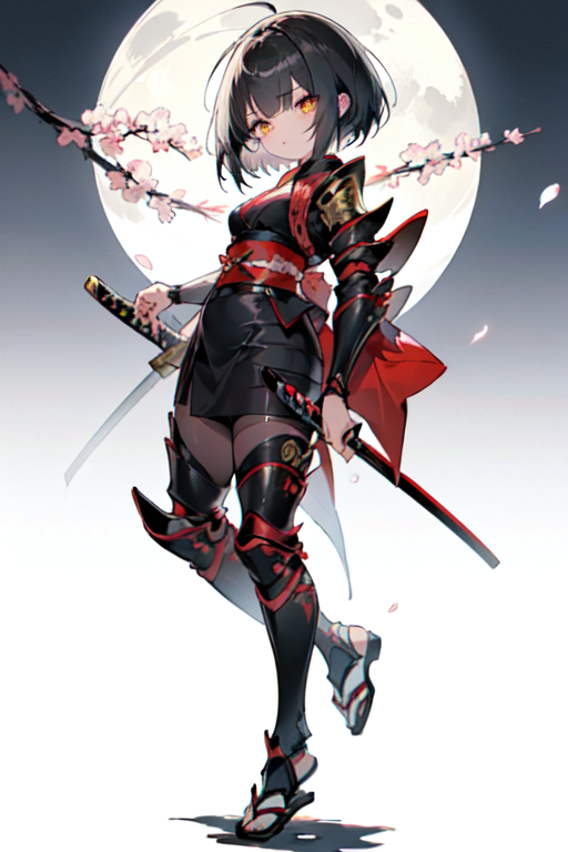 Image of an anime character in a black and gold outfit with a katana