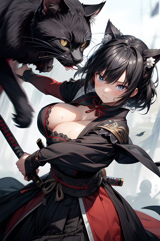 black haired samurai neko girl