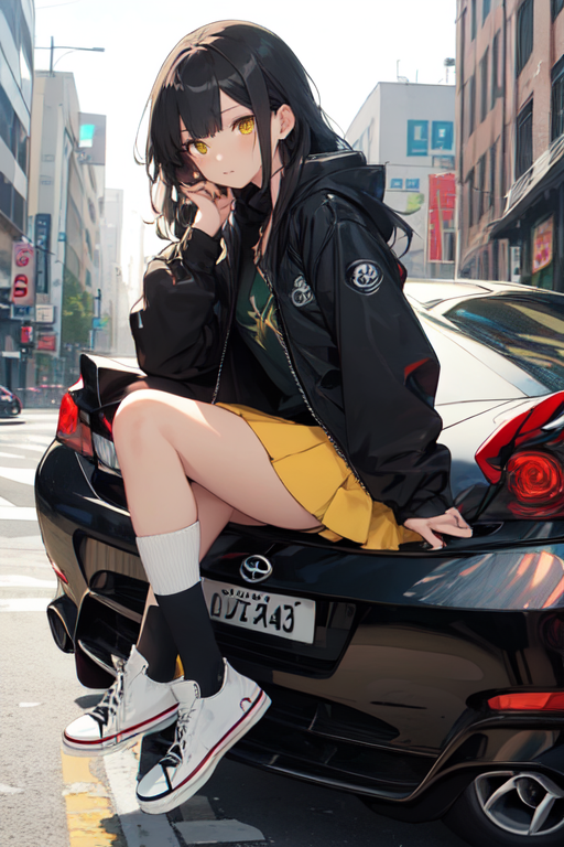 AI Art: Cute anime girl sitting on a car by @Nikorasu-kun ニコラス