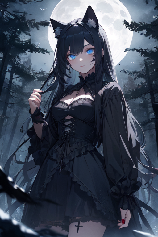 Cute Anime Cat Girl in Black Costume with Long Hair