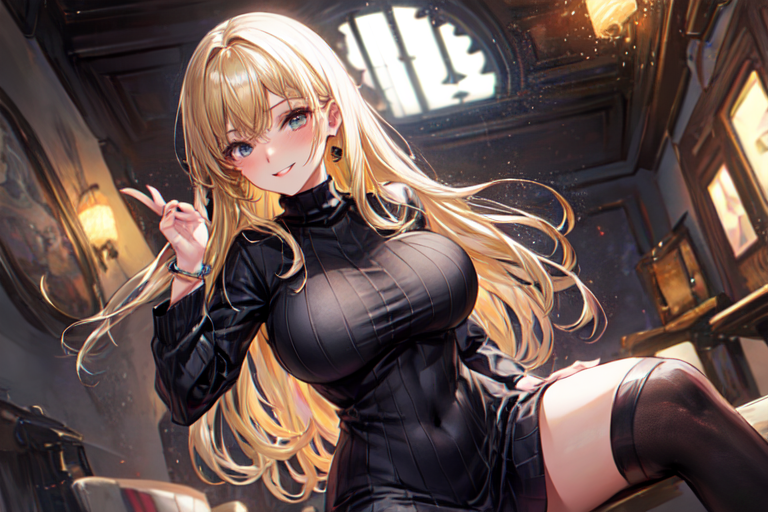 1girl breasts covering own eyes long hair solo large breasts sweater  illustration images