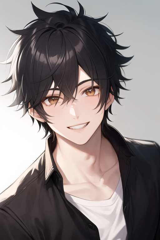 Smiling anime boy with dark hair and golden eyes