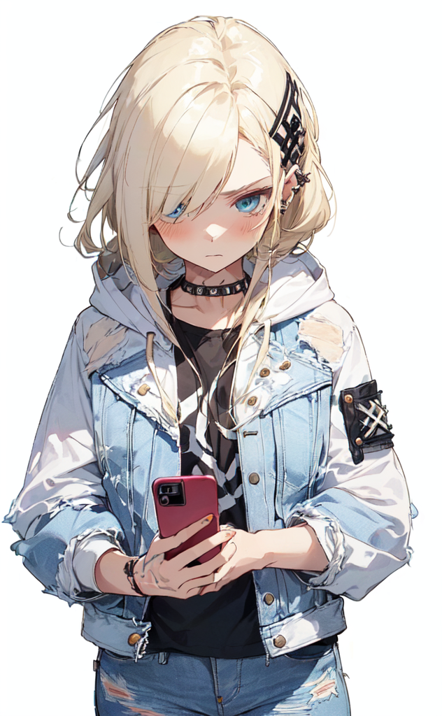Female anime character, long blonde hair, blue eyes, arrogant, jeans, cool,  nonchalant, blue jacket, jeans, hair over 1 eye