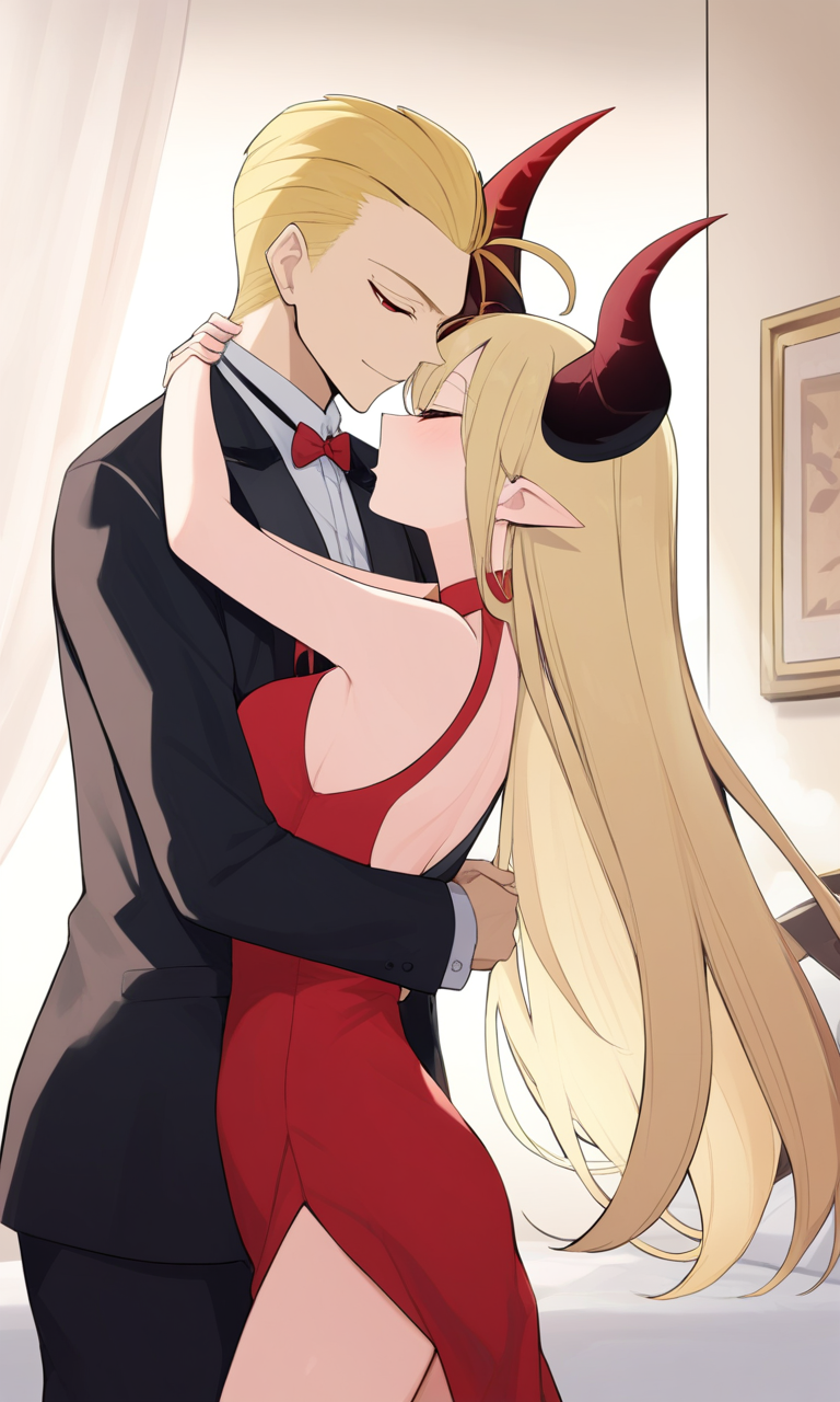 AI Art: 「Hazbin Hotel」 - LuciferとLilithのキス by @美しい狼ちゃん | PixAI