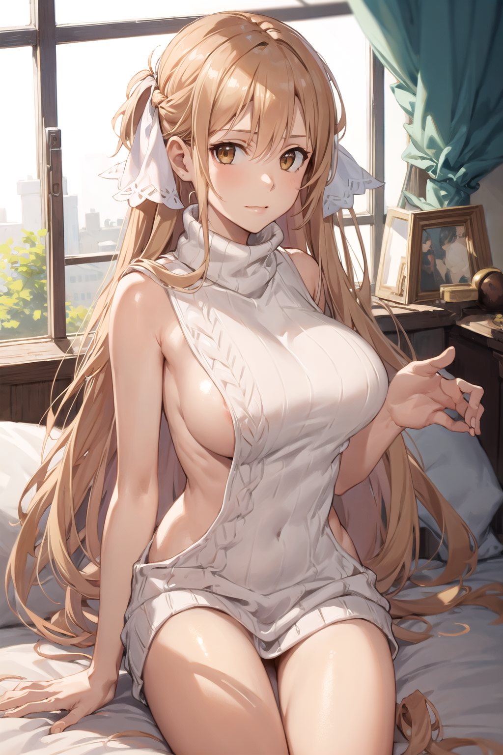 AI Art: Asuna/Stacia in virgin killer sweater sitting on the bed by @hta |  PixAI