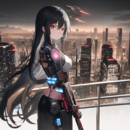 red eyes, Vhumiku, anime girls, anime, black hair, dog, cyberpunk