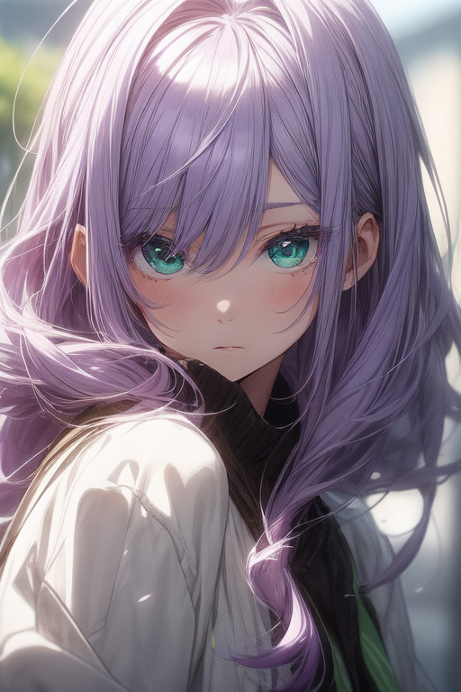 Cute anime girl with purple hair with blue highlights and green eyes