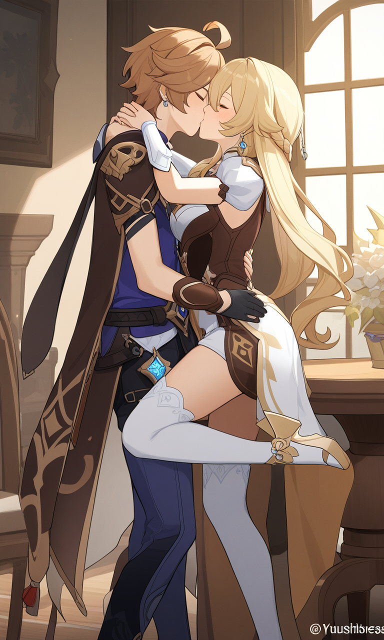 AI Art: A Heartfelt Indoor Encounter: Aether and Lisa Share a Kiss by  @CleverDragonDancerIX | PixAI