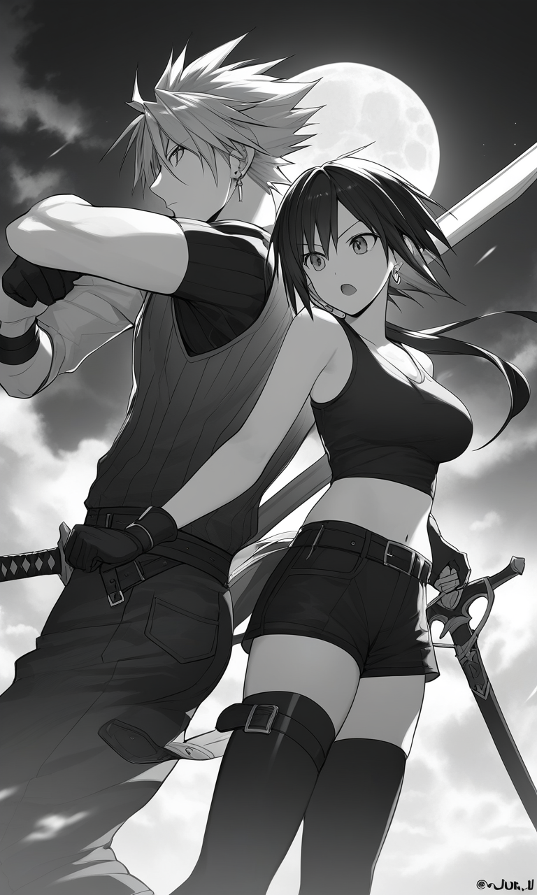 AI Art: Cloud Strife and Tifa Lockhart: A Monochrome Encounter Under the  Full Moon by @QuietPirateVII | PixAI