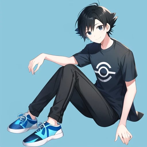 Young man, green eyes, black hair, short hair, in the anime style