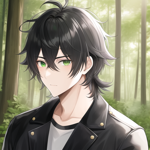 anime boy with black hair and green eyes