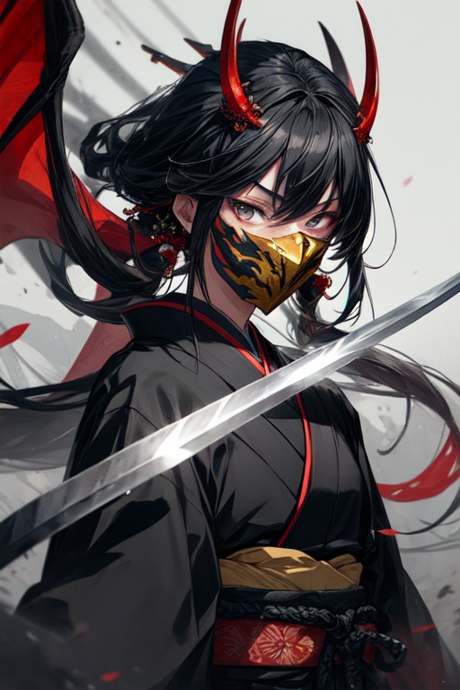 Image of an anime character in a black and gold outfit with a katana