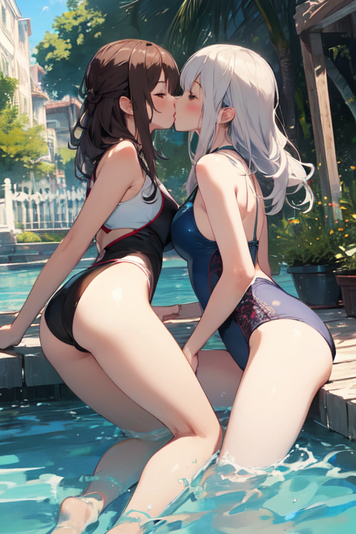 AI Art Generator: Girls kissing and hugging in bikinis