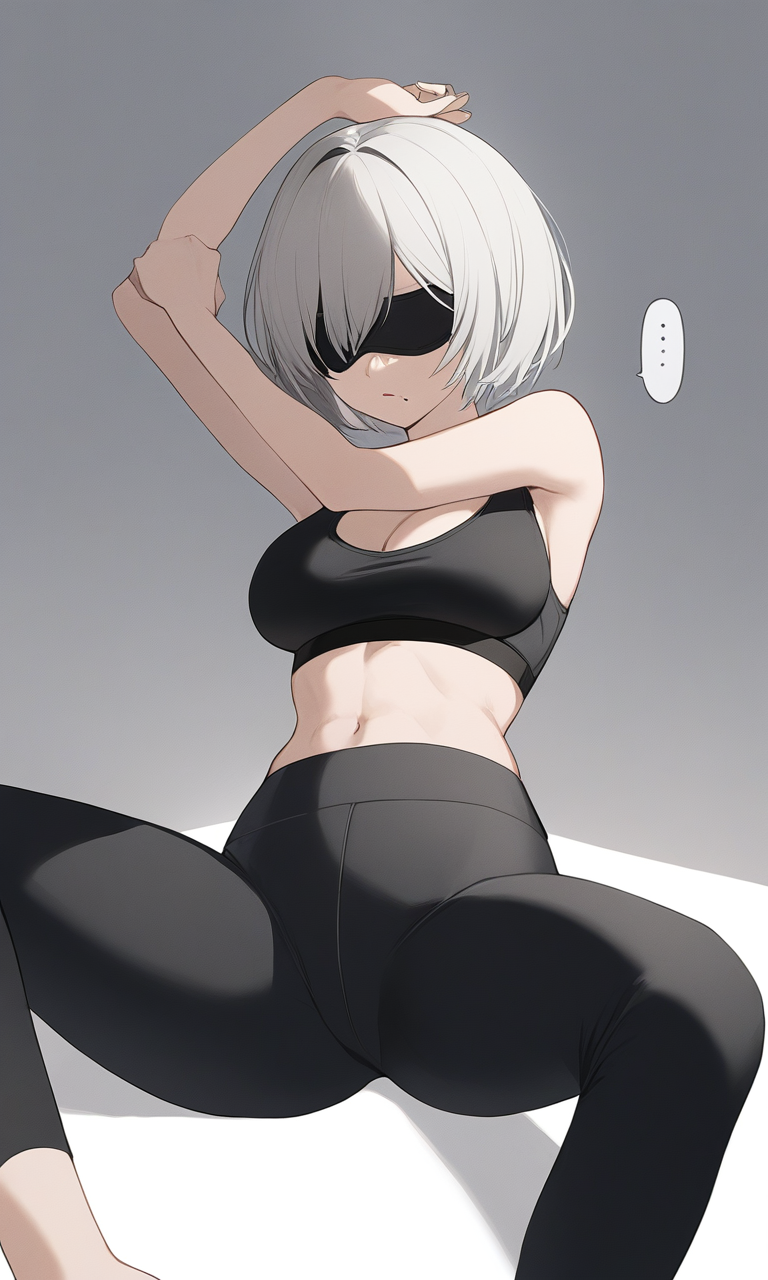 AI Art: 2B from Nier:Automata - Stretching Midriff by @速い熊様 | PixAI