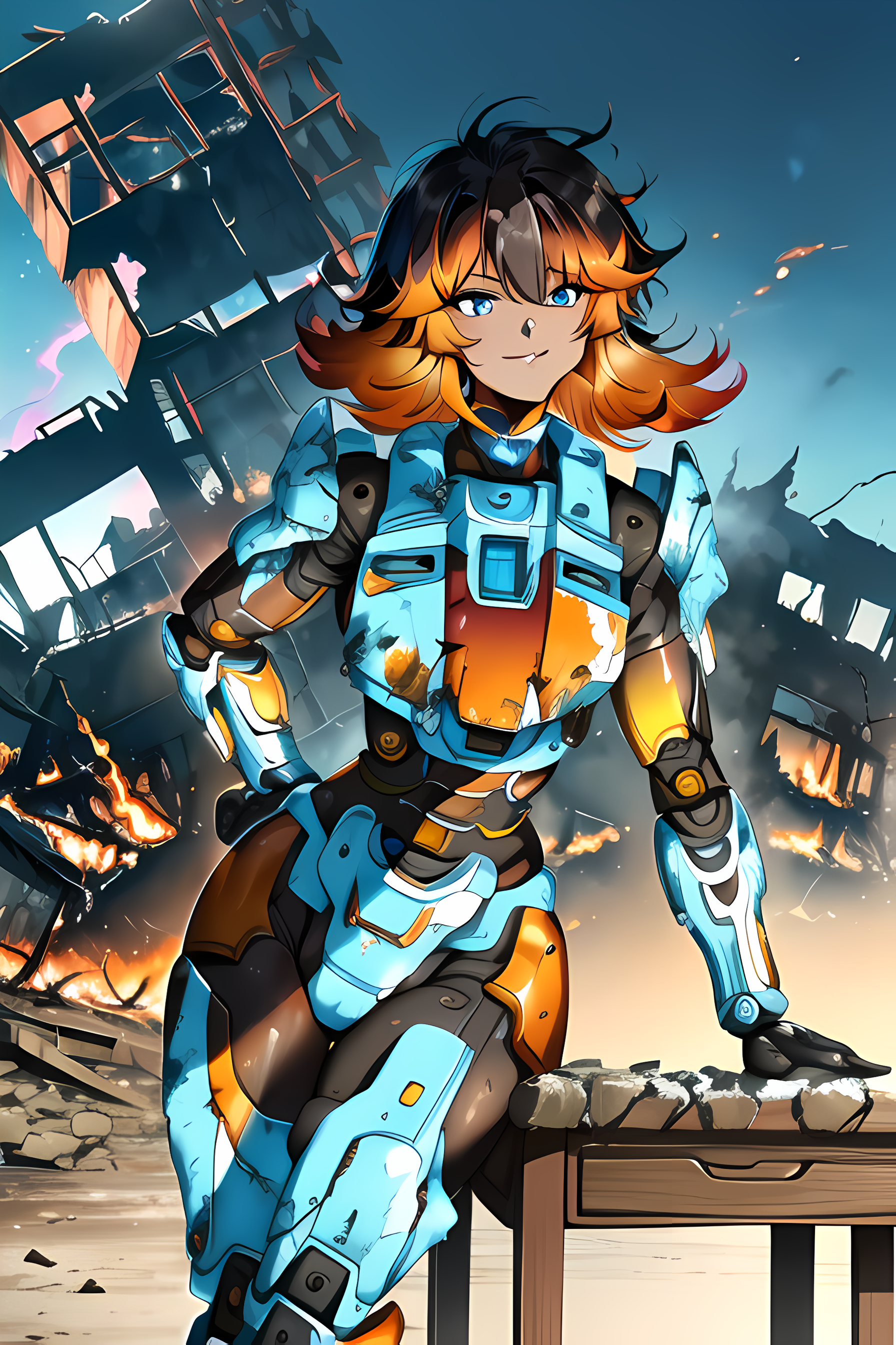 Cyberpunk anime girl with glowing eyes, dark orange, black, dark teal, pale  orange, teal