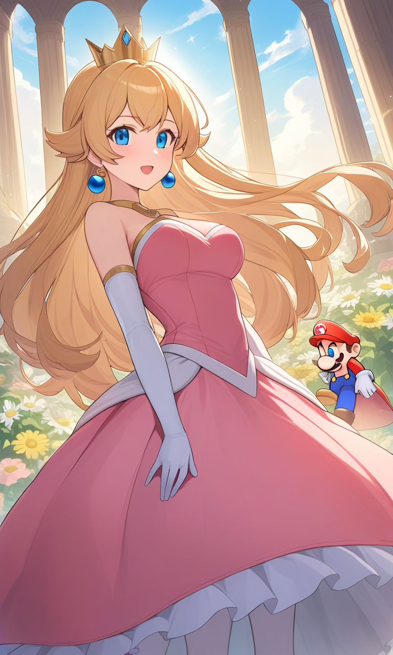 Arte AI: A Dazzling Duo: Princess Daisy and Princess Peach in their Pink  and White Gowns por @FastHackerSr. | PixAI