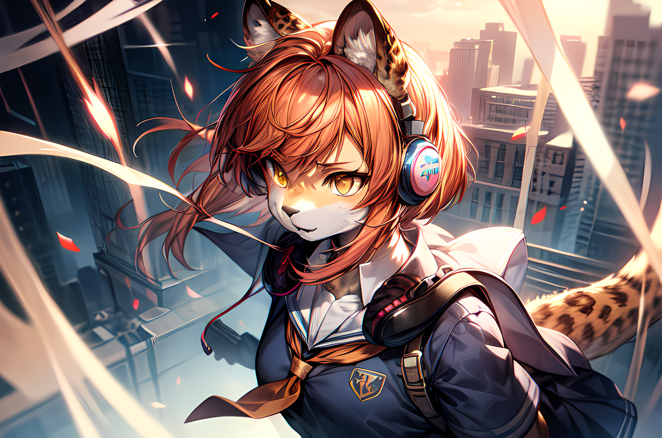 AI Art: Furry school cheetah girl with headphones by @Cyber Wolf | PixAI