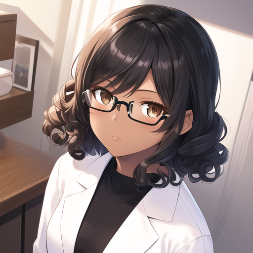 Illustration of a dark-skinned anime girl with glasses and curly hair