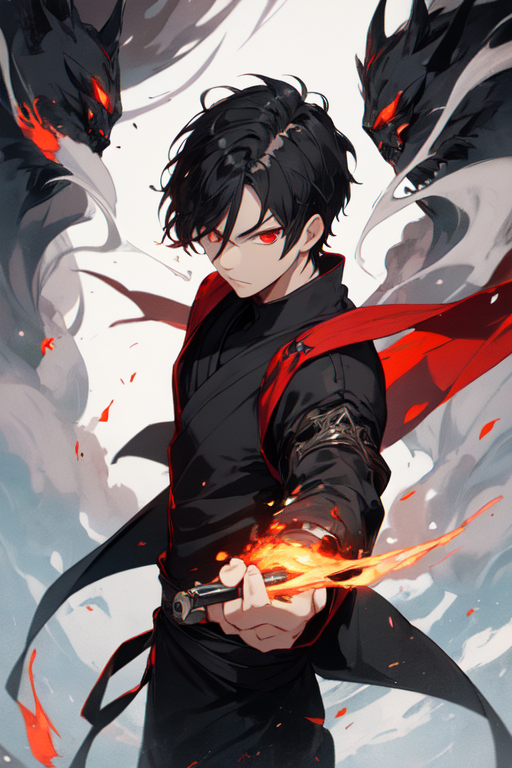 black eyes, red eyes, Sword Art Online, dark hair, anime, fire