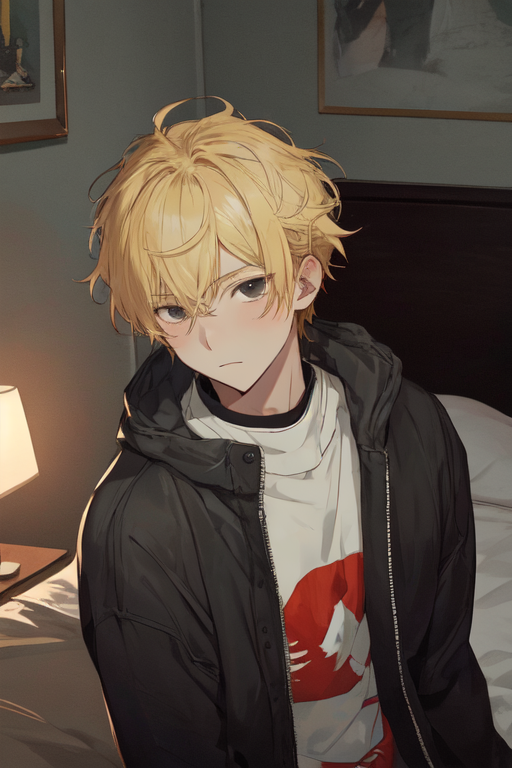 AI Art: blonde confident, cool, red eyed anime boy by @Kouie