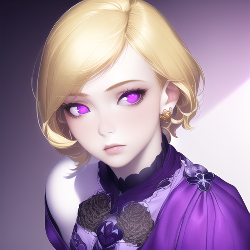 anime girl with short blonde hair and purple eyes