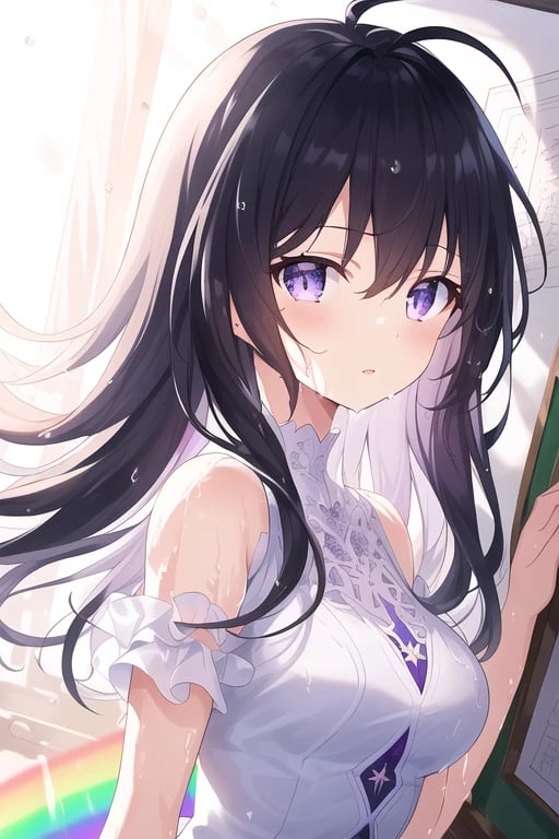 Cute anime girl with long messy black hair and blue-purple eyes