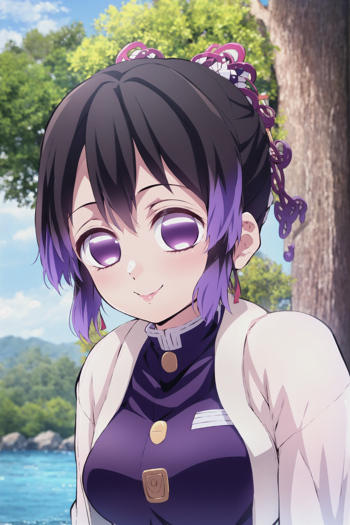 AI Art: kochou shinobu, demon slayer, 1girl, solo, upper body, nature,  tree, river, looking at viewer, smile, short hair, black hair, hair  ornament, closed mouth, purple eyes, empty eyes, demon slayer uniform,