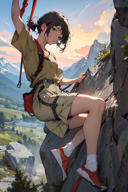 masterpiece), a cute girl climbing a mountain, mountaineering , (high  angle), adrenaline - SeaArt AI