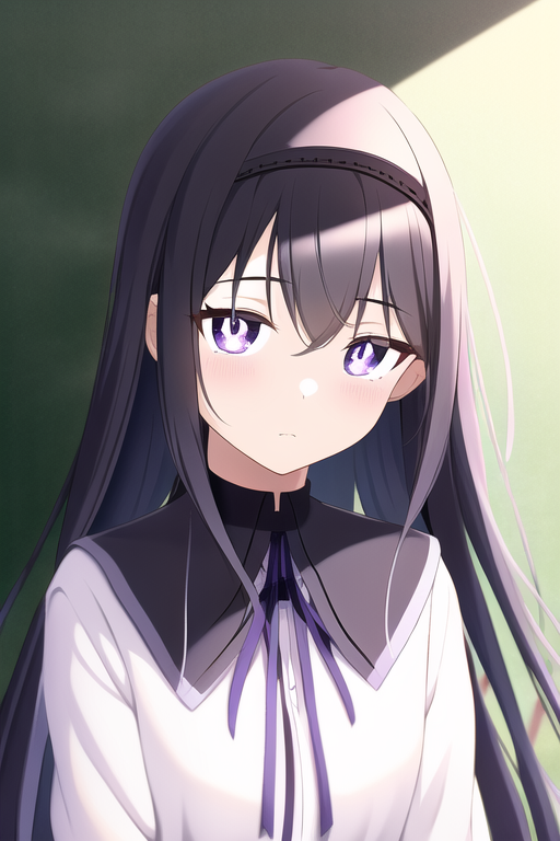 Cute anime girl with long messy black hair and blue-purple eyes