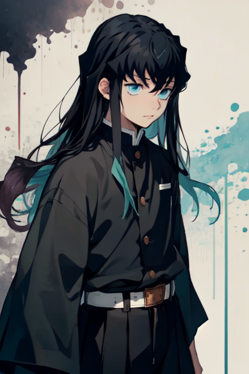 kamado nezuko, kamado tanjirou, tokitou muichirou, kimetsu no yaiba,  looking away, highres, 1girl, 2boys, ?, androgynous, aqua hair, asa no ha  (pattern), bamboo, black hair, black jacket, borrowed hairstyle, braid,  brother and