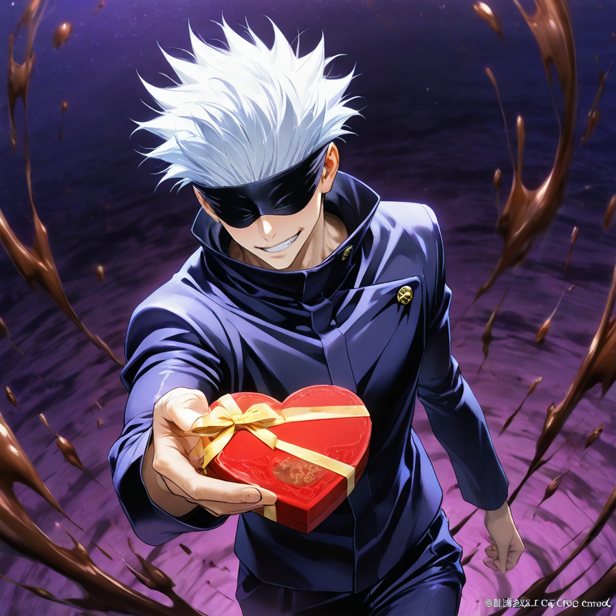AI art "Gojo Satoru ~White Day 🍫~" for keywords (masterpiece:1.2), (best quality:1.2), newest, intricate details, perfect anatomy, 1boy:1.2, (gojou satoru (jujutsu kaisen)), ((black blindfold:1.2, black jacket:1.2, tight sleeves, long sleeves, shiny jacket:1.2, black pants, long collar jacket, covered neck)),
((small chest, thin waist, narrow waist, wide hips, nice hands, best hands)),
((short white hair:1.5, hair up:1.2, soft hair:1.5, fluffy hair:1.5, smirk:1.5, clenched teeth:1.2, wide smile)),
((outdoors:1.2, dark purple space scenery:1.5, large chocolate background:1.2, chocolate domain:1.2)), 
((floating:1.2, floating chocolate:1.5, holding box of chocolate:1.5, heart-shaped box:1.2, heart-shaped food, one hand reaching out:1.2)), <lora:outline_xl_end:0>