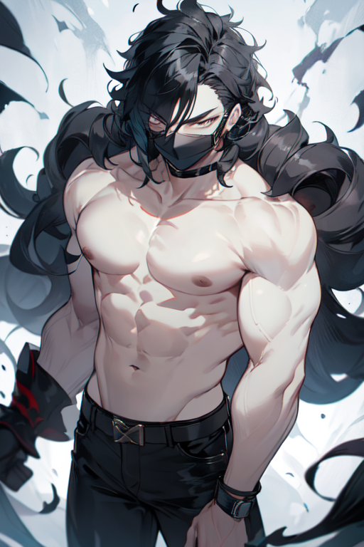 Create an anime portrait of a young man who is very muscular, handsome,  with skin as white as snow, short black hair, and dressed in a black -  AI Generated Artwork 