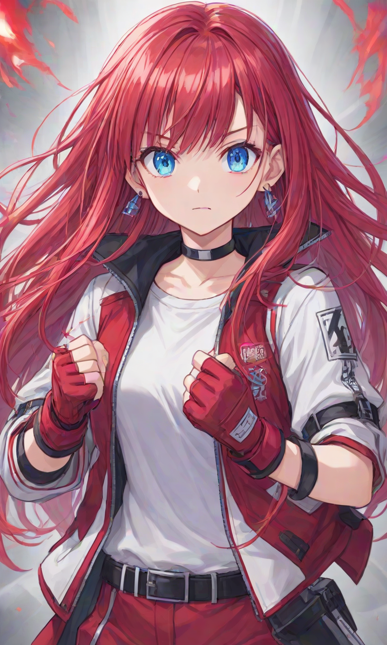 AI Art: anime girl with red hair wearing white gloves and a white t shirt  por @user-1717703876756736910 | PixAI