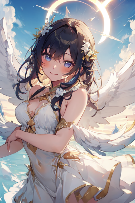 Anime,girl,wings,fly,black hair,smile,sky