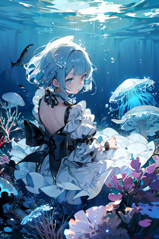 Noyu, profile, blue hair, blue eyes, shoulder length hair, looking away,  portrait display, anime girls, hair ornament, water, fish, fishbowls,  jellyfish, clownfish, starfish, sea anemones, bubbles, coral, seaweed, dark  background, stars, simple