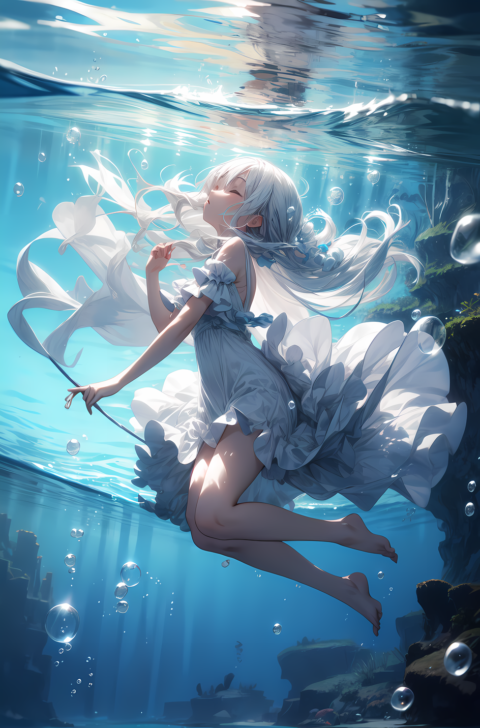 Anime girl, falling down, bubbles, underwater, Anime, HD phone wallpaper