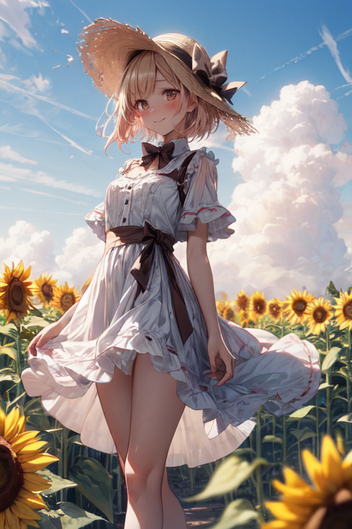 AI Art: blue sky and sunflowers and pretty woman by @しぶがき | PixAI