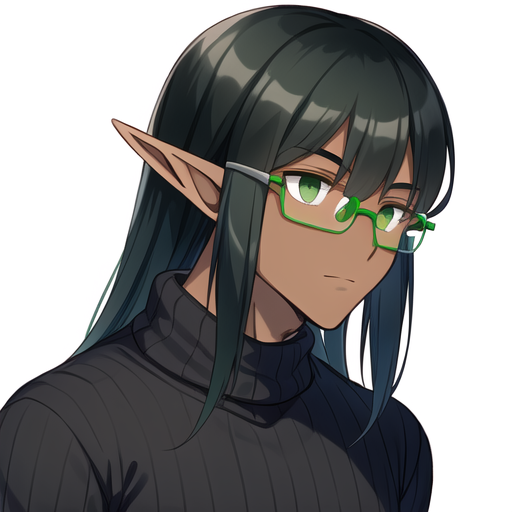 Anime a girl in a black turtleneck and dark brown hair bangs with green eyes