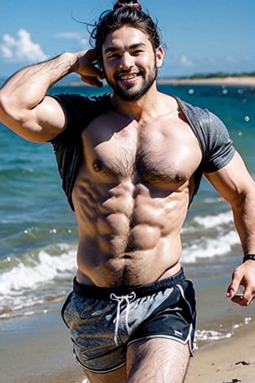A bulky, muscular guy on the beach