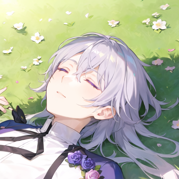 purple-clam274: White haired anime man with bangs over his right eye and closed  eyes and a green necktie with white hair and his eyes closed