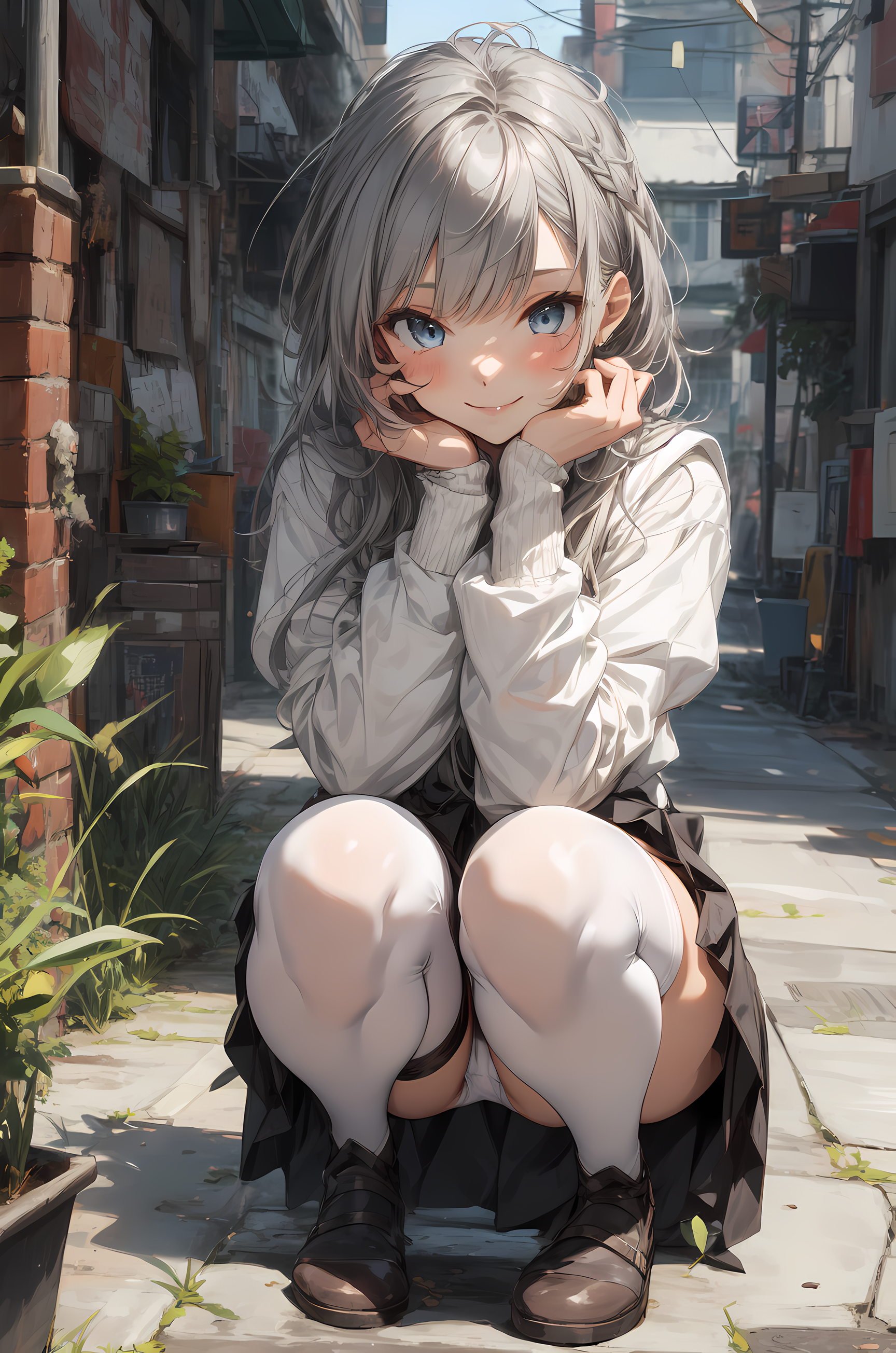 Women long hair thigh highs digital art anime gray hair anime