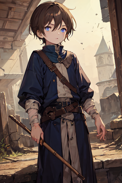 anime, fantasy medieval, boy, curly, chestnut brown hair, blue