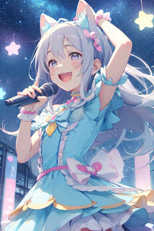 AI Art: アイドルマスターシンデレラガールズ・星輝子、大阪のひらかたパークでオーロラ輝く星空の下、キュアニャミーの衣装を着用して笑顔で絶唱する  by @macfuji2023 | PixAI