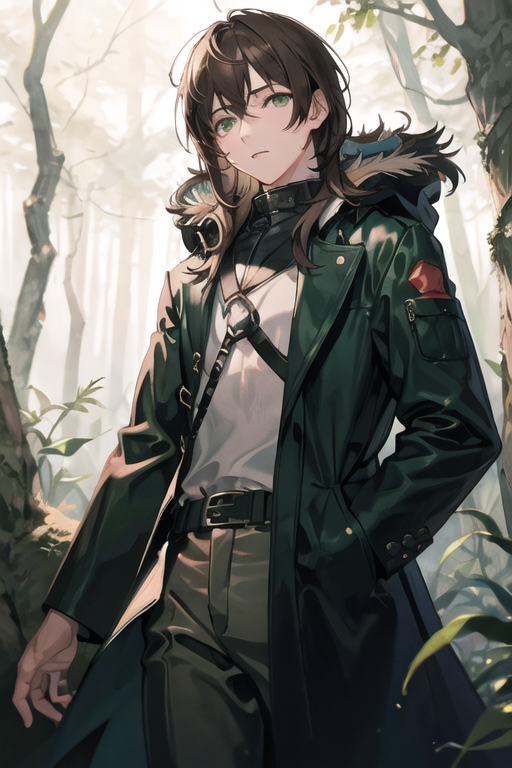 anime boy with green eyes and a tie in a forest. generative ai
